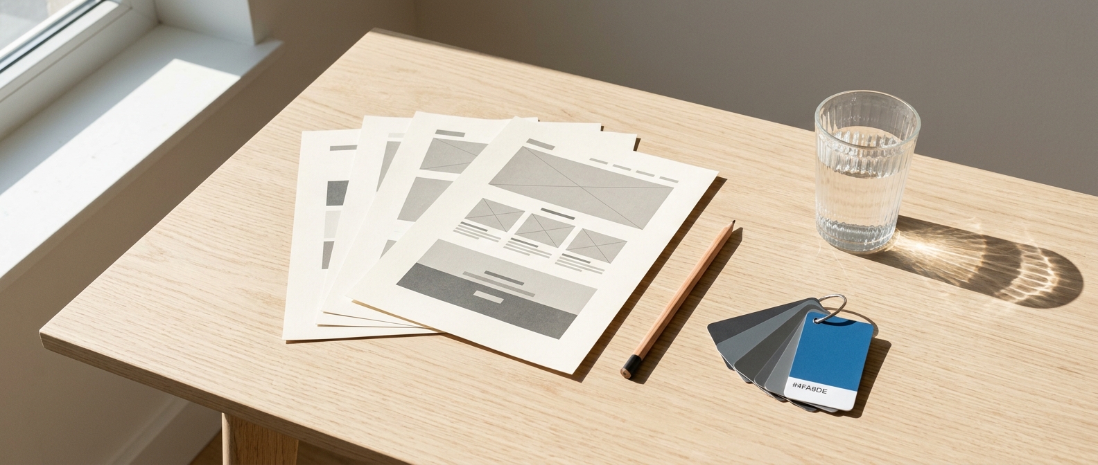 Printed page layouts, a pencil and colour swatches on a desk in daylight