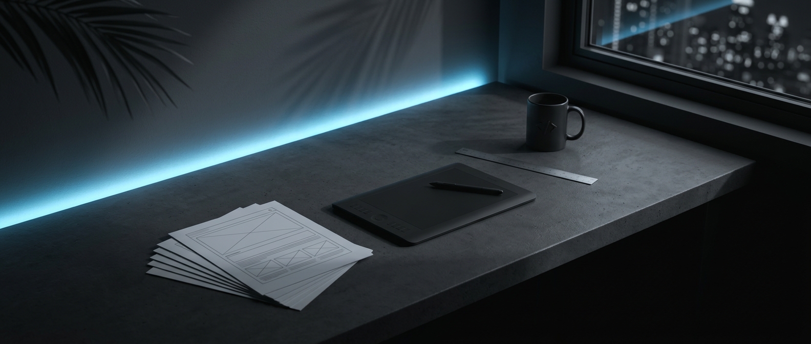 Wireframe sketches and a drawing tablet on a desk at night