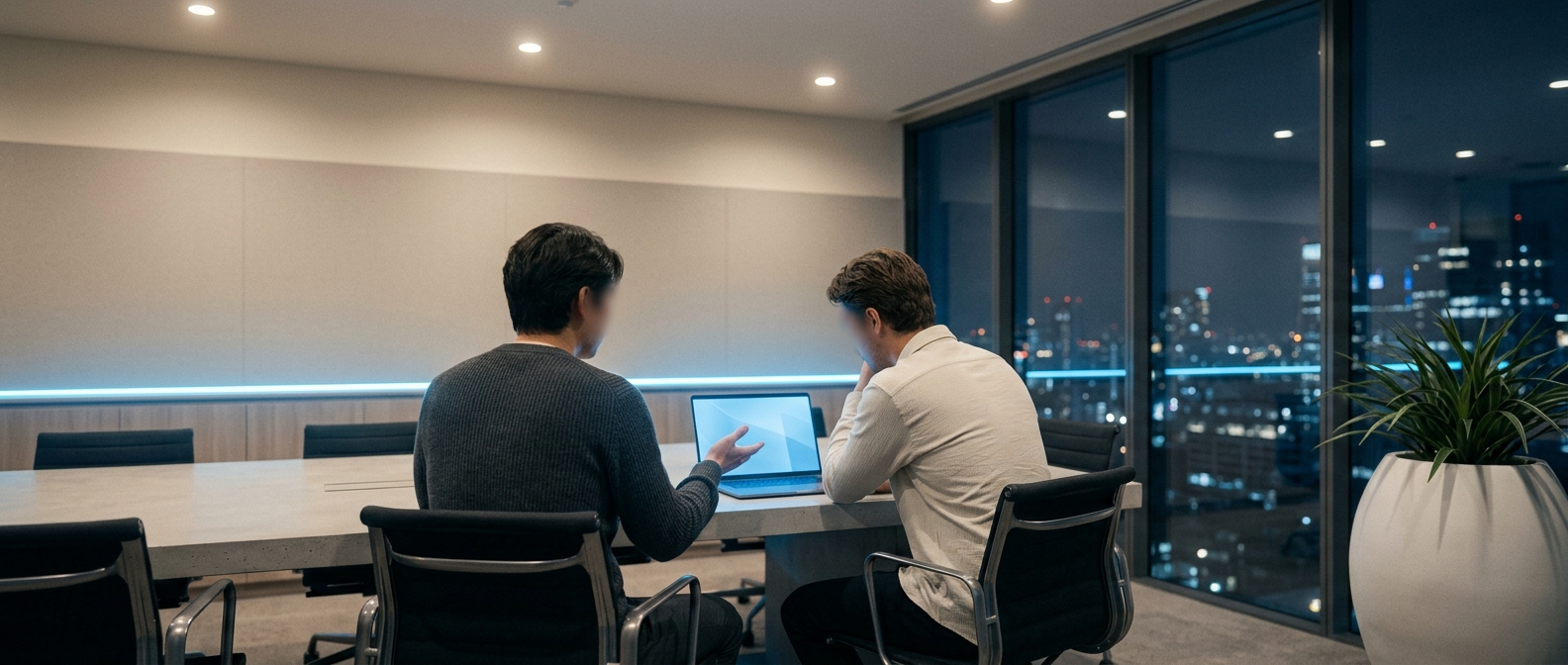 Two people reviewing a website design together at a meeting table